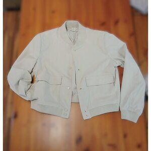 Rachel Zoe Bomber Jacket Women's L Beige Pockets Snap Front Shoulder Pads